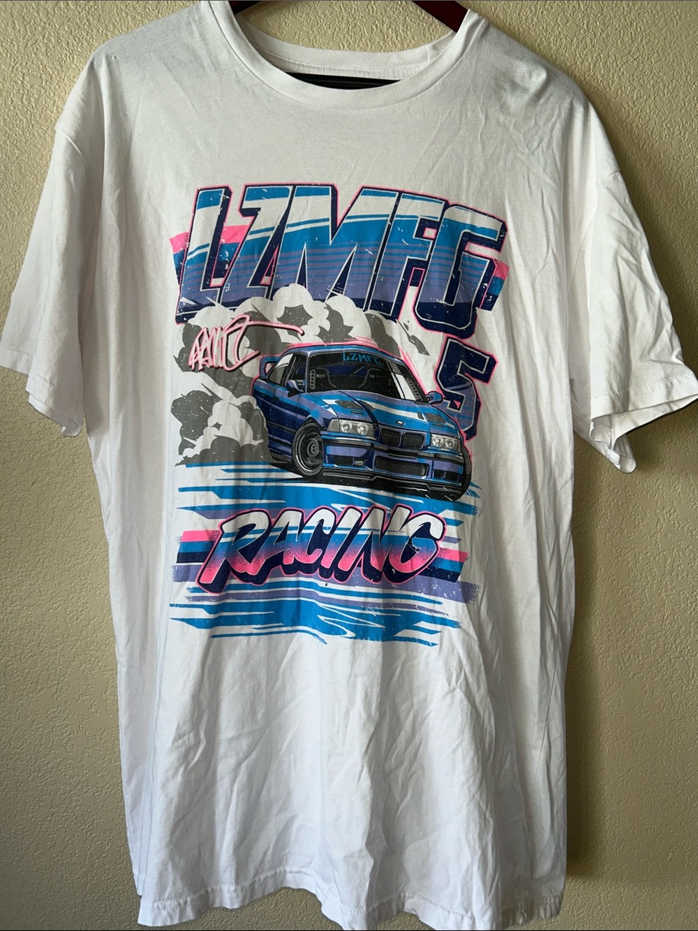 LZMFG Racing Graphic Tee - White with Blue & Pink Car Design, Sz XL